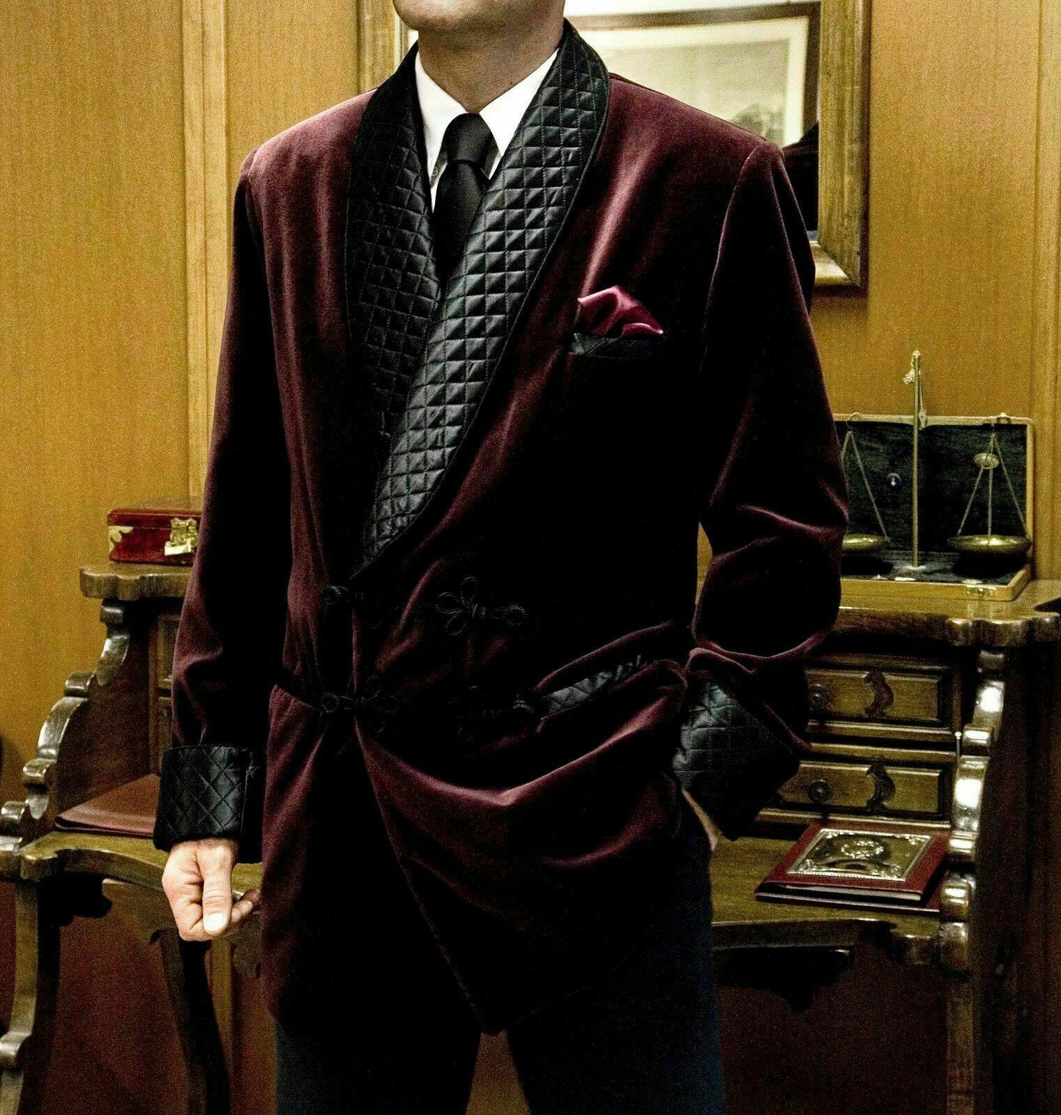 Men Vintage Velvet Smoking Suits Jacket Robe Shawl Lapel Tuxedo Blazer ...