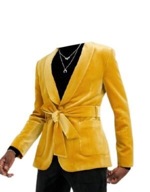 Men Yellow Smoking Jacket, Men Velvet Robe Blazer, Slim fit Party Wear Christmas Dinner Coat XXS US letter