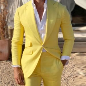 Yellow Linen Men's Suit Jacket Pants Wide Peak Lapel Wedding Groom Wear Blazer Party Hosting Dress