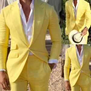 Yellow Linen Men's Suit Jacket Pants Wide Peak Lapel Wedding Groom Wear Blazer Party Hosting Dress