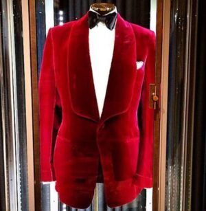 Men Red Velvet Smoking Jackets Blazer Designer Grooms Wedding Party Wear Coats