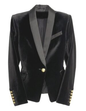 Women Black Velvet Jacket Tuxedo Smoking Coat Evening Club One Button Blazer Business Suit Size S