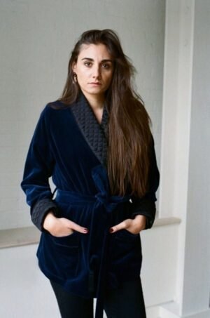 Women Quilted Smoking Jacket Blue Velvet Robe Dressing Gown Blazer House Coat