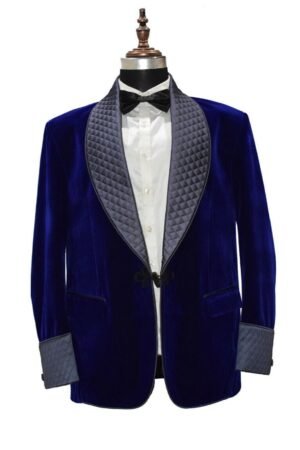 Men Blue Smoking Jackets Quilted Lapel Designer Dinner Party Wear Blazer Coats XXS US letter