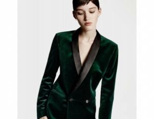 Women Green Velvet Jacket Double Breasted Blazer Evening Velvet Smoking Coat