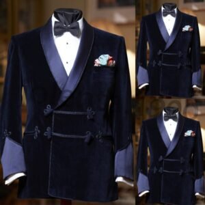 Navy Blue Men Suits Smoking Jacket Shawl Lapel Coat Velvet Blazer Wedding Prom XXS US letter