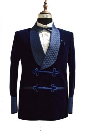 Men Smoking Jacket Navy Blue Velvet Quilted Shawl Lapel Party Wear Blazer Coat XXS US letter