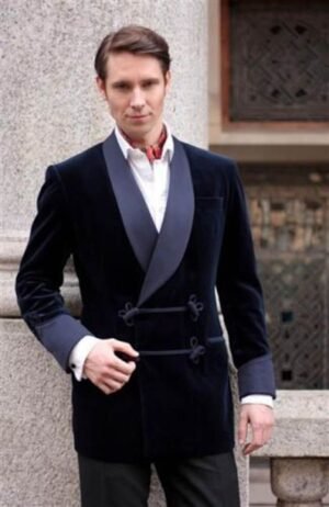 New Men's Bilberry Smoking Velvet Jacket Stylish Blue Shawl Blazer Coat Jackets XXS US letter