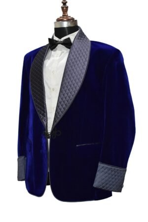 Men Blue Smoking Jackets Quilted Lapel Designer Dinner Party Wear Blazer Coats XXS US letter