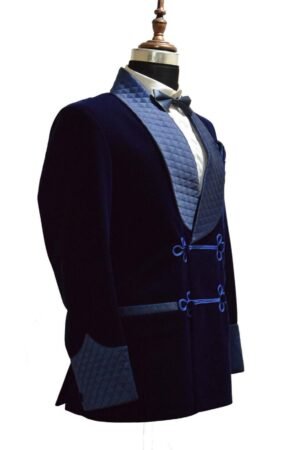 Men Smoking Jacket Navy Blue Velvet Quilted Shawl Lapel Party Wear Blazer Coat XXS US letter