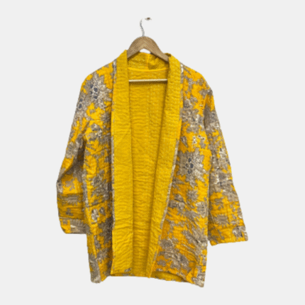 Yellow Floral Handcrafted Quilted Open Jacket for Women