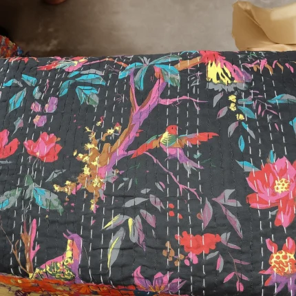 Black Floral Kantha Handcrafted Fabric