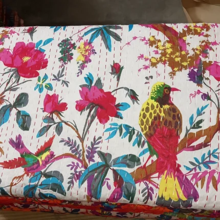 White Floral Kantha Handcrafted Fabric