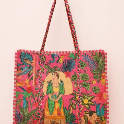 Handcrafted Pink Tote Bag with Artistic Village Print – Eco-Friendly Cotton Shoulder Bag