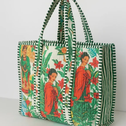 Handmade White Cotton Tote Bag with Colorful Village & Floral Print – Eco-Friendly Multipurpose Bag